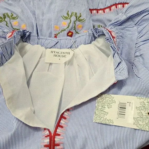 NWT Hyacinth House - S - Blue Pinstripe Embroidered V-Neck Lillian Mini Dress - Picture 7 of 8